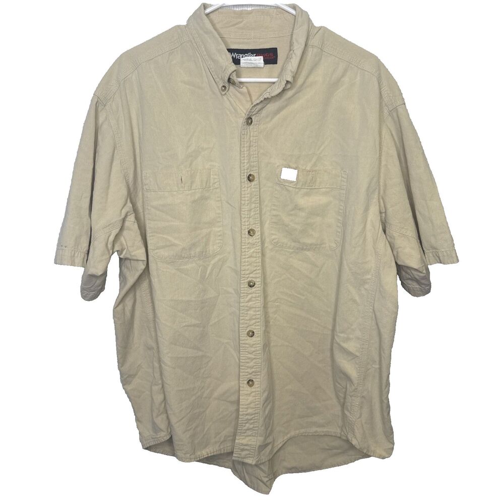 Wrangler Riggs Workwear Mens 2XL Beige Canvas Short Sleeve Button Down Shirt